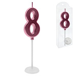 Свеча для торта цифра " KWELT " 8, темно-розовая, 2*4*0,5см, на палочке с подставкой, пластиковая упаковка 9,5*3*1см, европодвес