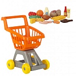Игровой набор " Совтехстром " Тележка для супермаркета с продуктами, в наборе: Тележка для супермаркета, батон, курица, сосиски 2шт., рыба, картофель 3шт., огурец, помидор, апельсин, сыр, банан 2шт., молоко, стейк, кетчуп, майонез, в сетке 42*30,5*47см