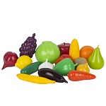 Игровой набор " Совтехстром " Фрукты и овощи, в наборе: виноград, лимон, апельсин, банан, груша, яблоко, огурец, перец, морковь, свекла, кукуруза, картофель, баклажан, помидор, лук, чеснок, капуста, сетка 25*22*17см