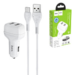 Зарядное устройство автомобильное " Hoco " Z36 Leader белое, 2,4А, 2 USB, пластик, кабель Type-C, 1м