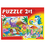 Пазлы " Рыжий кот " 2в1 Макси. 24+35элементов Пони и динозавры №1, картонная упаковка 19,5*14,6*3,7см