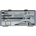 Готовальня 11 предметов: циркуль металлический 12,5см, кронциркуль, пенал отвертка, рейсфедерная вставка, удлинитель, игольная вставка, запасной винт, ластик, карандаш чернографитный, пластиковый футляр, европодвес, Technica " Глобус "