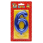 Свеча для торта цифра " Миленд " 6, синяя, 19*10*2см, металлик, картонный блистер, европодвес