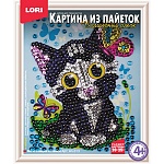 Картина из пайеток " Lori " 20*25см Мечтающий котенок, основа, цветная схема, разноцветные пайетки, пины-гвоздики, инструкция