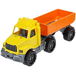 Машинка " Рыжий кот " Тягач Бизон бортовой с прицепом Строительный 31см, пластик