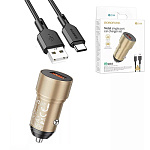 Зарядное устройство автомобильное " Borofone " BZ19A Wisdom золотое, 2,4А, QC3.0, 18W, USB, пластик, кабель Type-C, 1м