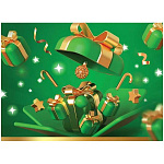 Конверт для подарочного сертификата " Праздник " 170 Новогодний- Подарок на зеленом, 100*74мм, глянцевый УФ-лак, без текста