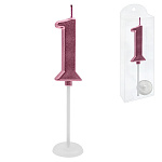 Свеча для торта цифра " KWELT " 1, темно-розовая, 2*4*0,5см, на палочке с подставкой, пластиковая упаковка 9,5*3*1см, европодвес