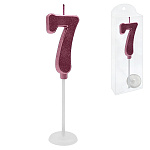 Свеча для торта цифра " KWELT " 7, темно-розовая, 2*4*0,5см, на палочке с подставкой, пластиковая упаковка 9,5*3*1см, европодвес