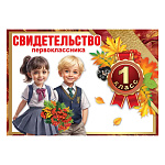 Свидетельство первоклассника А4 425 " Праздник " Школьники, медаль, глянцевый УФ-лак, текст, подсказ