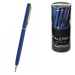 Ручка шариковая автоматическая " Bruno Visconti " Palermo синяя 0,7мм, толщина письма 0,5мм, поворотный механизм, корпус- нержавеющая сталь, покрытие soft touch, цвет корпуса темно-синий, металлический наконечник, металлический клип, пластиковый бокс