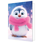 Бирка для букетов и подарков " Мир открыток " 2-70 Белый пингвиненок в розовом шарфике, 115*85мм, без отделки