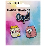 Набор значков " deVente " kawaii (кот 2,16*2,5см, Oops 2,9*2,3см, кот 2,07*2,5см), эмалированные, пластиковый пакет с европодвесом
