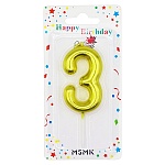 Свеча для торта цифра " KWELT " 3, золотая, 3,5*6*1см, на палочке, картонный блистер 5,8*15,7*1см, европодвес