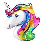 Шар фольгированный фигурный 14"/36см Единорог Радужный голова, крепится с помощью розетки на палочку (в комплект не входят)