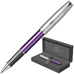 Ручка-роллер подарочная " Parker " Sonnet Essential SB T545 Violet CT, черная 0,5мм, цвет корпуса- фиолетовый/серебристый, материал корпуса- нержавеющая сталь, подарочная упаковка