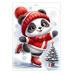Наклейка " Праздник " 502 Новогодняя- Новогодняя панда на коньках, двусторонняя, глянцевый УФ-лак, белила, 237*332мм