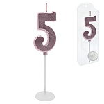 Свеча для торта цифра " KWELT " 5, светло-розовая, 4*2*0,5см, на палочке с подставкой, пластиковая упаковка 9,5*3*1см, европодвес