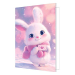 Бирка для букетов и подарков " Мир открыток " 2-70 Белый зайчик в розовом шарфике, 115*85мм, без отделки
