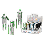 Ручка шариковая " Basir " Трансформер, синяя 0,5мм, толщина письма 0,25мм, корпус в форме космического танка, 2 ручки в корпусе, металлический наконечник, цвет корпуса - металлик-серебро с цветными вставками, ассорти, дисплей