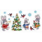 Наклейки " Праздник " 980 Новогодние- Весёлые зайчики, 518*324мм, на скотче, вспененный скотч, глянцевый УФ-лак, идивидуальная упаковка