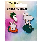 Набор значков " deVente " Bunny (кролик с листом 2,7*2,5см, кролик с морковкой 2,4*2,7см, капуста 1,3*2,4см, кролик 2,5*2см), эмалированные, пластиковый пакет с европодвесом