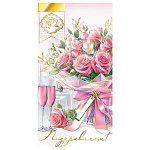 Конверт для денег " Мир открыток " 2-17 Поздравляем! Букет розовых роз, бокалы, 168*83мм, без отделки