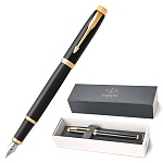 Ручка подарочная перьевая " Parker " IM Core F321 Black GT 1 картридж синего цвета, корпус- латунь лакированная, цвет корпуса- черный глянцевый лак, клип латунь с позолотой, подарочный футляр