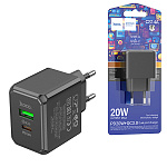 Блок питания сетевой " Hoco " CS14A Ocean, черный, 3,0А, PD, QC, FCP, AFC, 20W, Type-C, пластик (кабель в комплект не входит)