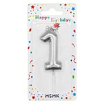 Свеча для торта цифра " KWELT " 1, серебряная, 2,5*6*1см, на палочке, картонный блистер 5,8*15,7*1см, европодвес