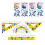 Набор чертежный МАЛЫЙ 4 предмета: линейка 15см, 2 угольника 45°*45°*90°/10см, 30°*60°*90°/10см, транспортир 180°/10см, пластик цветной, ПВХ-конверт на кнопке, европодвес, Единорог, ассорти, " Basir "