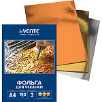 Фольга для чеканки А4 " deVente " Hobby Creative ассорти (серебристая, золотистая, бронзовая), 3 листа, плотность - 190г/м2, картонная папка