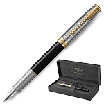 Ручка подарочная перьевая " Parker " Sonnet Premium Metal Black GT, 2 картриджа черного цвета, перо-золото 18Kt (750 проба) цвет корпуса-лаковый черный/серебристый, материал корпуса-ювелирная латунь, колпачок и клип-нержавеющая сталь, подарочная упаковка