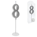Свеча для торта цифра " KWELT " 8, серебро, 2*4*0,5см, на палочке с подставкой, пластиковая упаковка 9,5*3*1см, европодвес
