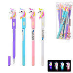 Ручка шариковая " Basir " Единорог-фонарик, синяя 0,5мм, толщина письма 0,25мм, цветной корпус, прорезиненный наконечник фонарик, дисплей