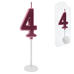 Свеча для торта цифра " KWELT " 4, темно-розовая, 2,5*4*0,5см, на палочке с подставкой, пластиковая упаковка 9,5*3*1см, европодвес