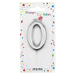 Свеча для торта цифра " KWELT " 0, серебряная, 4*6*1см, на палочке, картонный блистер 5,8*15,7*1см, европодвес