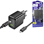 Зарядное устройство сетевое " Hoco " CS25A Rico, черное, 3,0А, QC3.0, PD, 20Вт, USB, Type-C, пластик, кабель Type-C - Lightning, 1м
