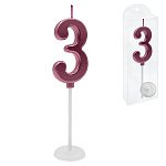 Свеча для торта цифра " KWELT " 3, темно-розовая, 2*4*0,5см, на палочке с подставкой, пластиковая упаковка 9,5*3*1см, европодвес