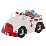 Машинка " Совтехстром " Скорая помощь, в комплекте: машинка, 2 фигурки, таблетки 2шт., шприц, щипцы, ножницы, скальпель, термометр, тонометр, молоток, ларингоскоп, лопатка окулиста, грелка, очки, пластик, 285*145*160мм, в сетке