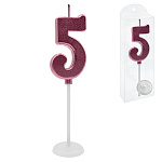Свеча для торта цифра " KWELT " 5, темно-розовая, 4*2*0,5см, на палочке с подставкой, пластиковая упаковка 9,5*3*1см, европодвес