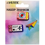 Набор значков " deVente " Adventure awaits (билетик 2,8*1см, самолетик 2,75*1,5см, камера 2,49*1,8см), эмалированные, пластиковый пакет с европодвесом