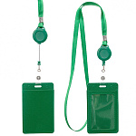 Бейдж " Basir " 105*65мм с рулеткой-ретрактором с вытяжной нитью, кожзам, вертикальный, 2 кармана, зеленый