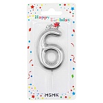 Свеча для торта цифра " KWELT " 6, серебряная, 6*4*1см, на палочке, картонный блистер 14*7*1,5см, европодвес