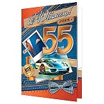 Открытка " Мир открыток " 1-41 С Юбилеем! 55лет Мужская- Авто, 187*285мм, фольга, рельеф, текст