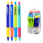 Ручка шариковая автоматическая " Mazari " Daring синяя 1,0мм, пластиковый корпус, резиновый грип, сменный стержень 108мм, цвет корпуса - ассорти 4 дизайна, пластиковая подставка