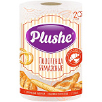 Полотенца бумажные 2-сл " Plushe " 1 рулон со втулкой, 120л, 30м, белые с оранжевым тиснением, 100% целлюлоза, 13*20см, с перфорацией, h=22см, d=13см, с принтом, с ароматом выпечки