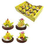 Набор пасхальный " KWELT " Цыплята в гнезде со скорлупой, 12шт, 4,5*4,5*4см, ассорти, картонная упаковка 25*17*6см