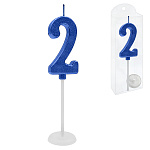 Свеча для торта цифра " KWELT " 2, синяя, 2*4*0,5см, на палочке с подставкой, пластиковая упаковка 9,5*3*1см, европодвес
