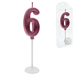 Свеча для торта цифра " KWELT " 6, темно-розовая, 2*4*0,5см, на палочке с подставкой, пластиковая упаковка 9,5*3*1см, европодвес